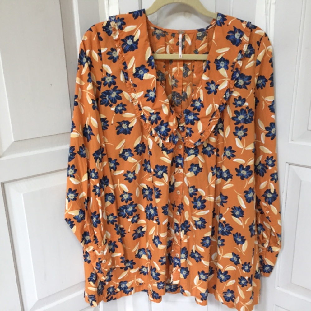 Free People Orange Floral Blouse ~Oversized
